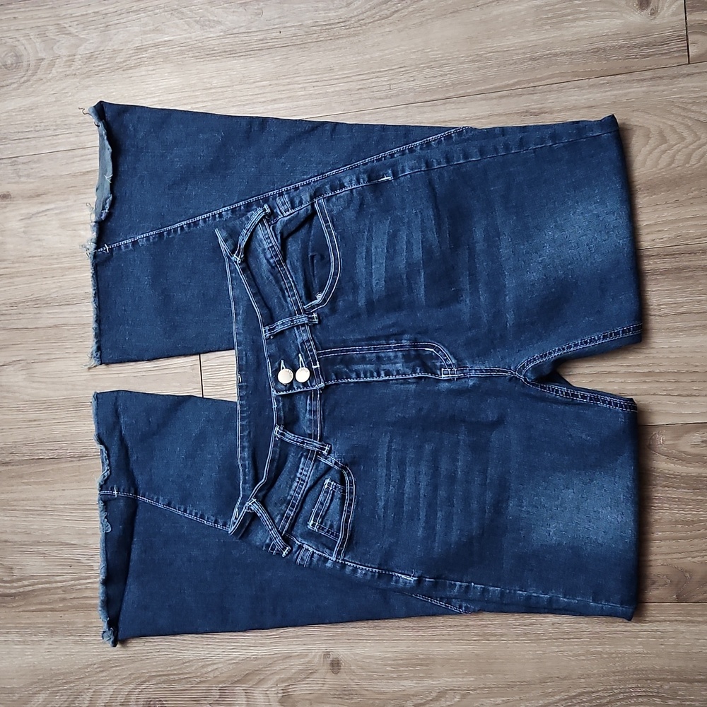 Denim Flare Leg Distressed Stretchy High Waist Blue Jeans Women's Large